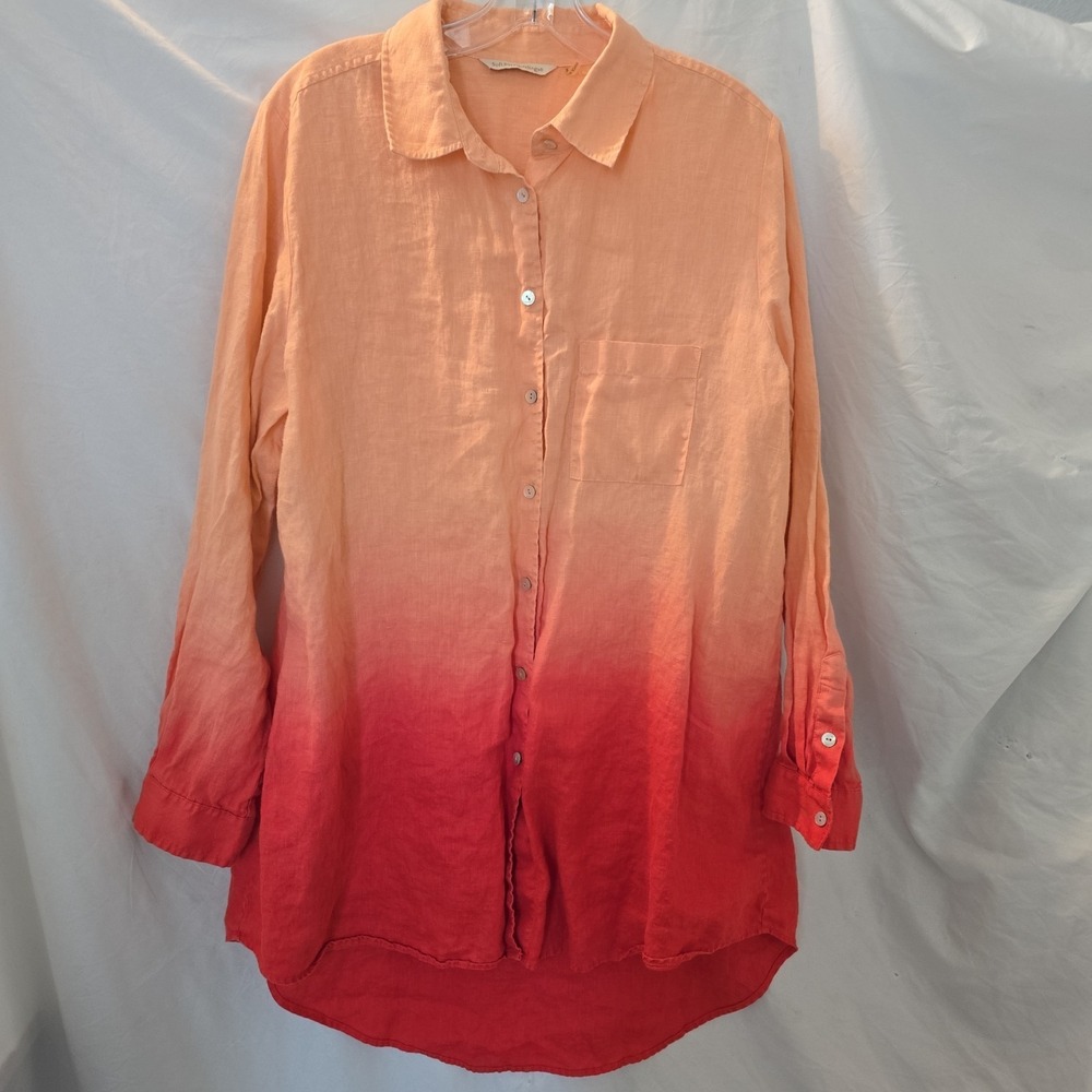 Soft Surroundings 100% Linen Ombre Top Shirt Long Sleeve High Low Hem L Peach - Picture 3 of 12